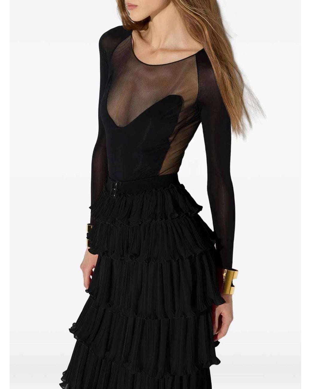 Elisabetta Franchi Black Sheer Panel Long-Sleeve Bodysuit