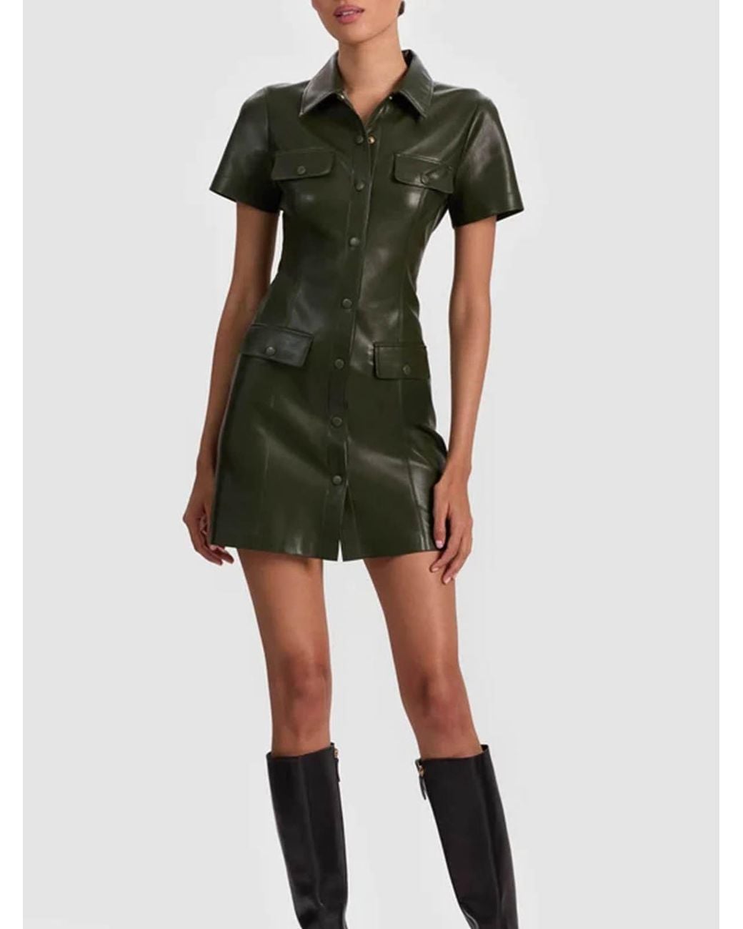 Alice + Olivia Green Jamie Vegan Leather Collared Shirtdress