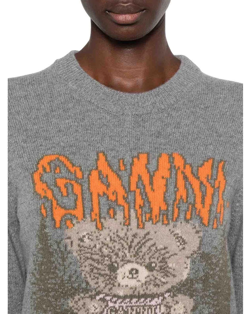 Ganni Gray Crewneck Knit Sweater With Front Graphic Intarsia