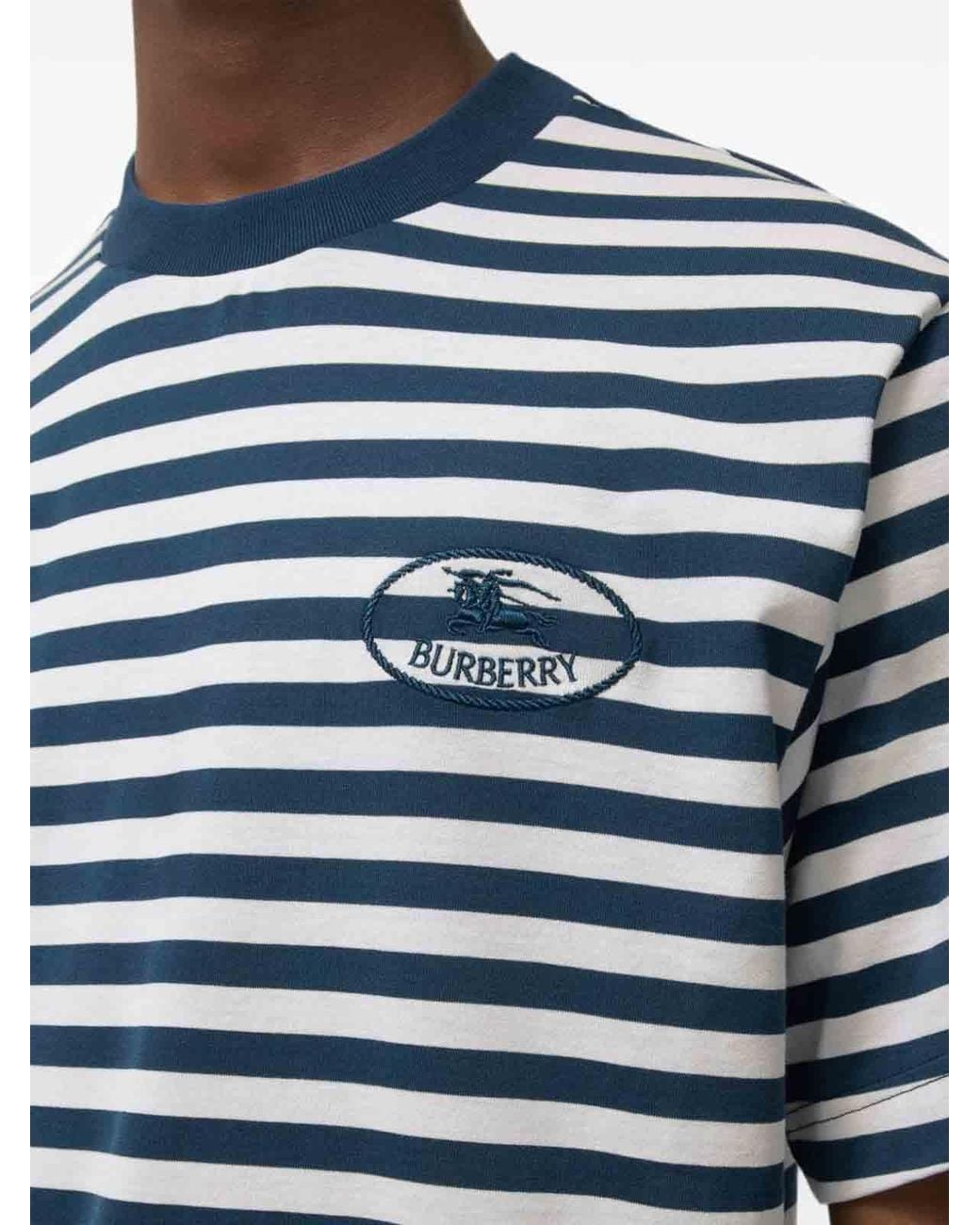 Burberry Blue Striped Cotton T-Shirt With Knight for men