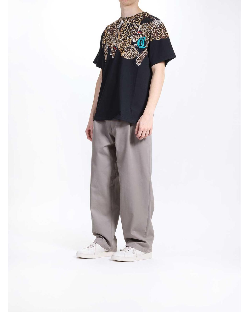 Just Cavalli Black Leopard Neck T-Shirt for men
