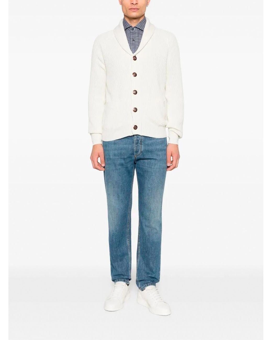 Brunello Cucinelli White English Rib Knit Cardigan for men