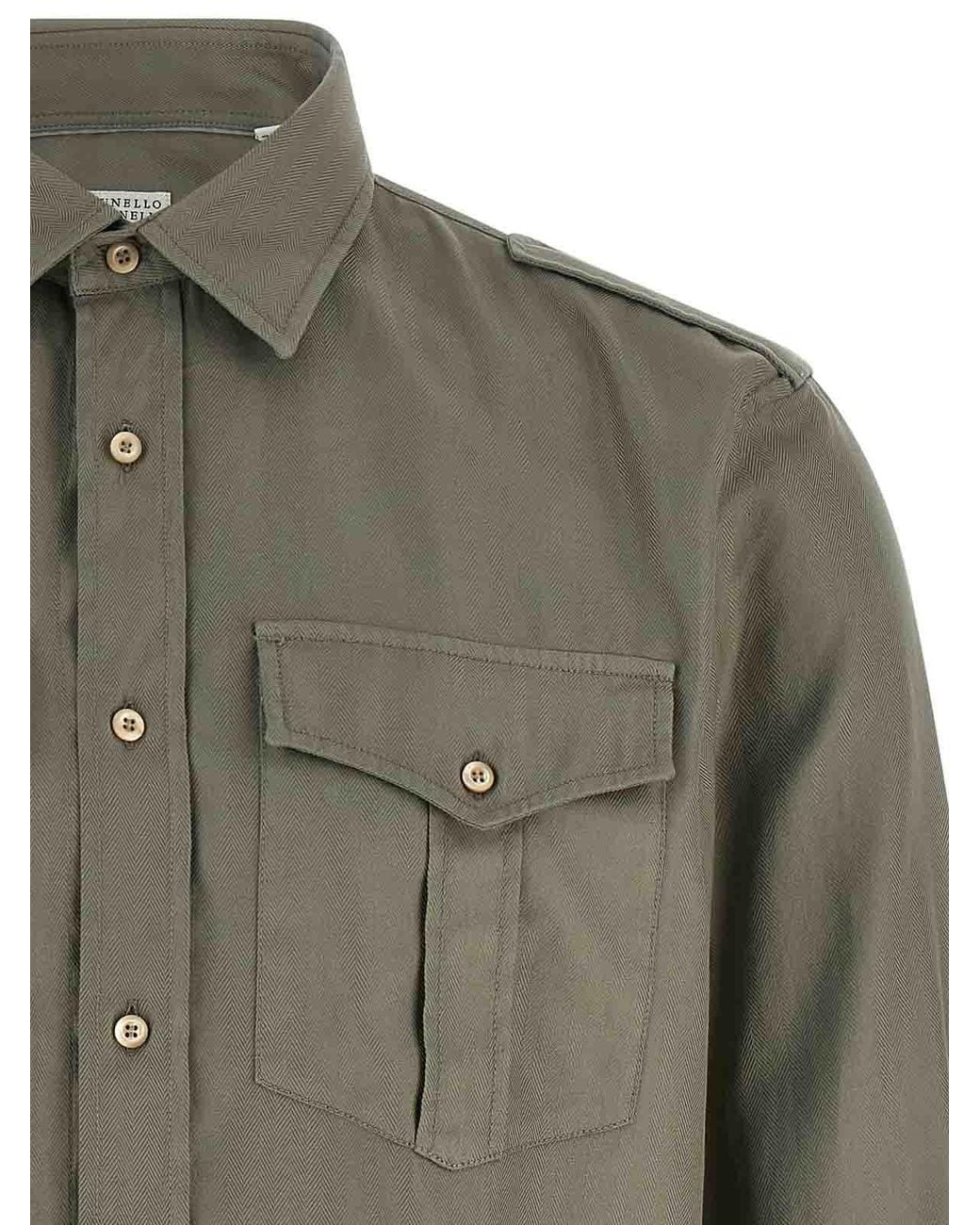 Brunello Cucinelli Gray Cotton Chevron Shirt for men