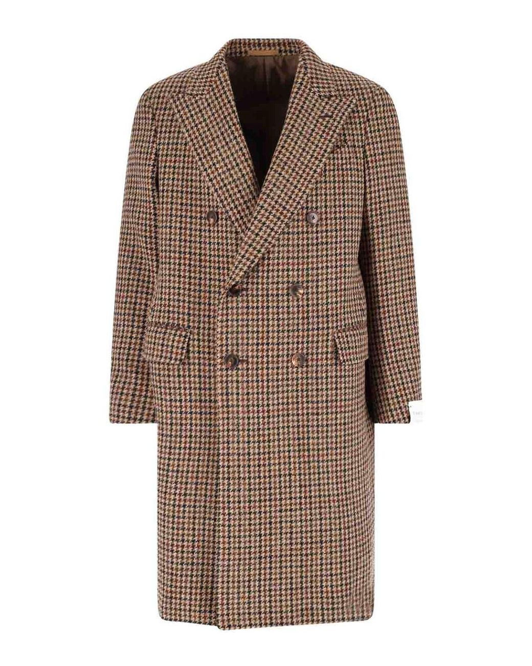 Caruso Brown Double-Breasted Wool Coat for men
