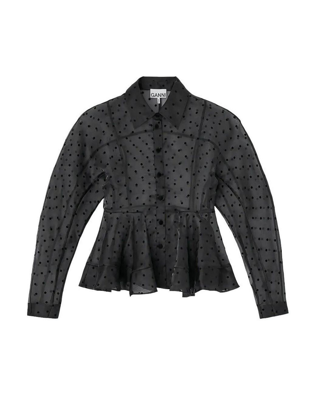 Ganni Black Flocked Organza Peplum Shirt