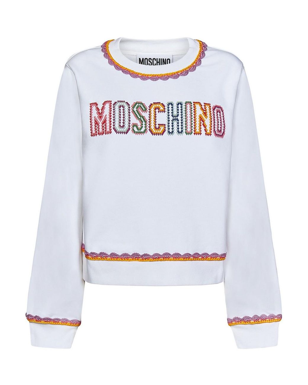 Moschino White Sweater With Multicolour Edges And Logo