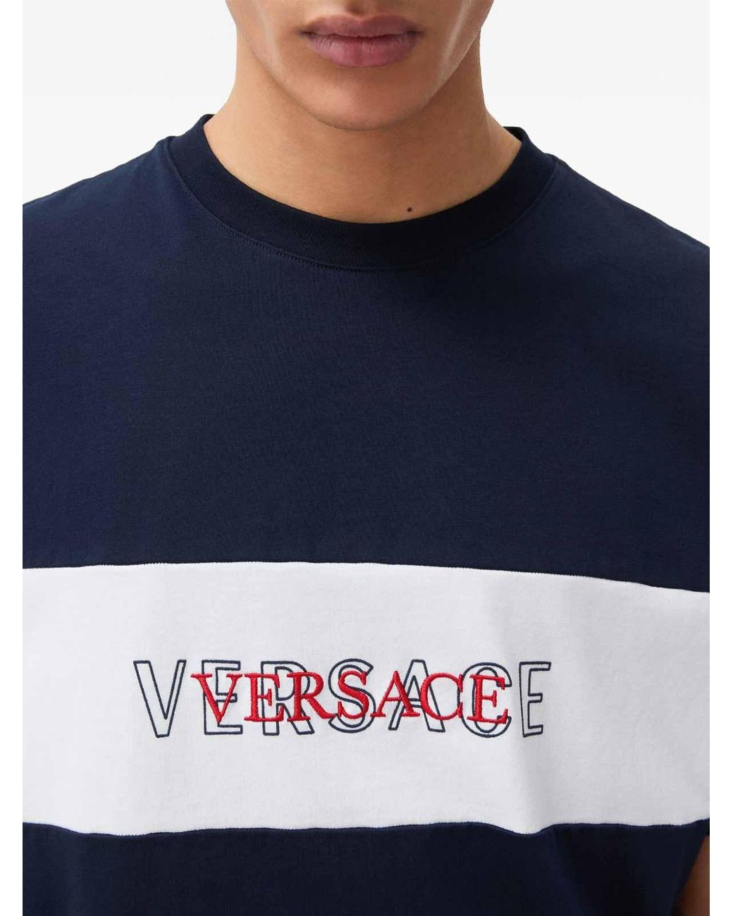 Versace Blue Intarsia Cotton-Jersey T-Shirt for men