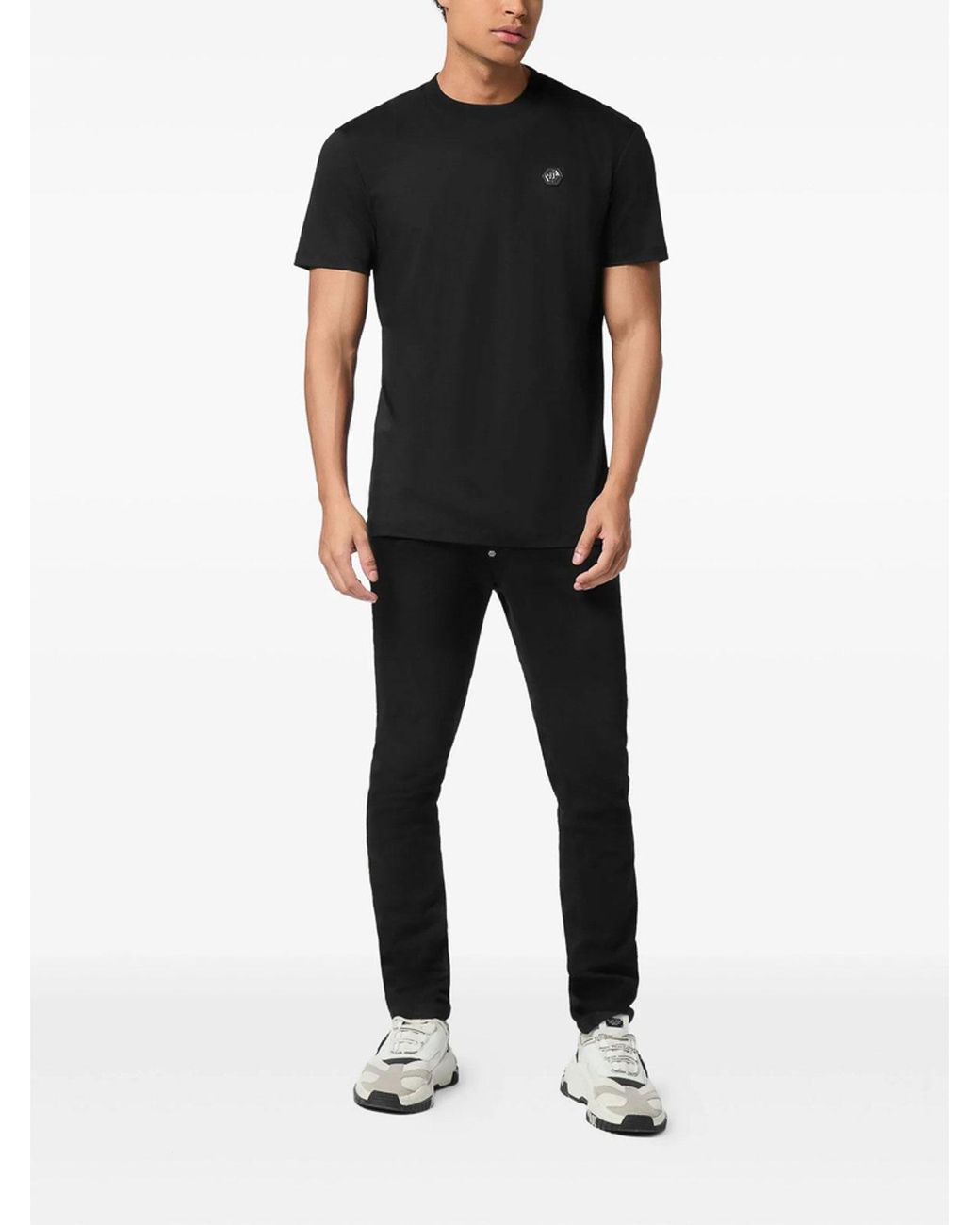 Philipp Plein Black Round Neck Short Sleeve T-Shirt With Logo Plaque for men