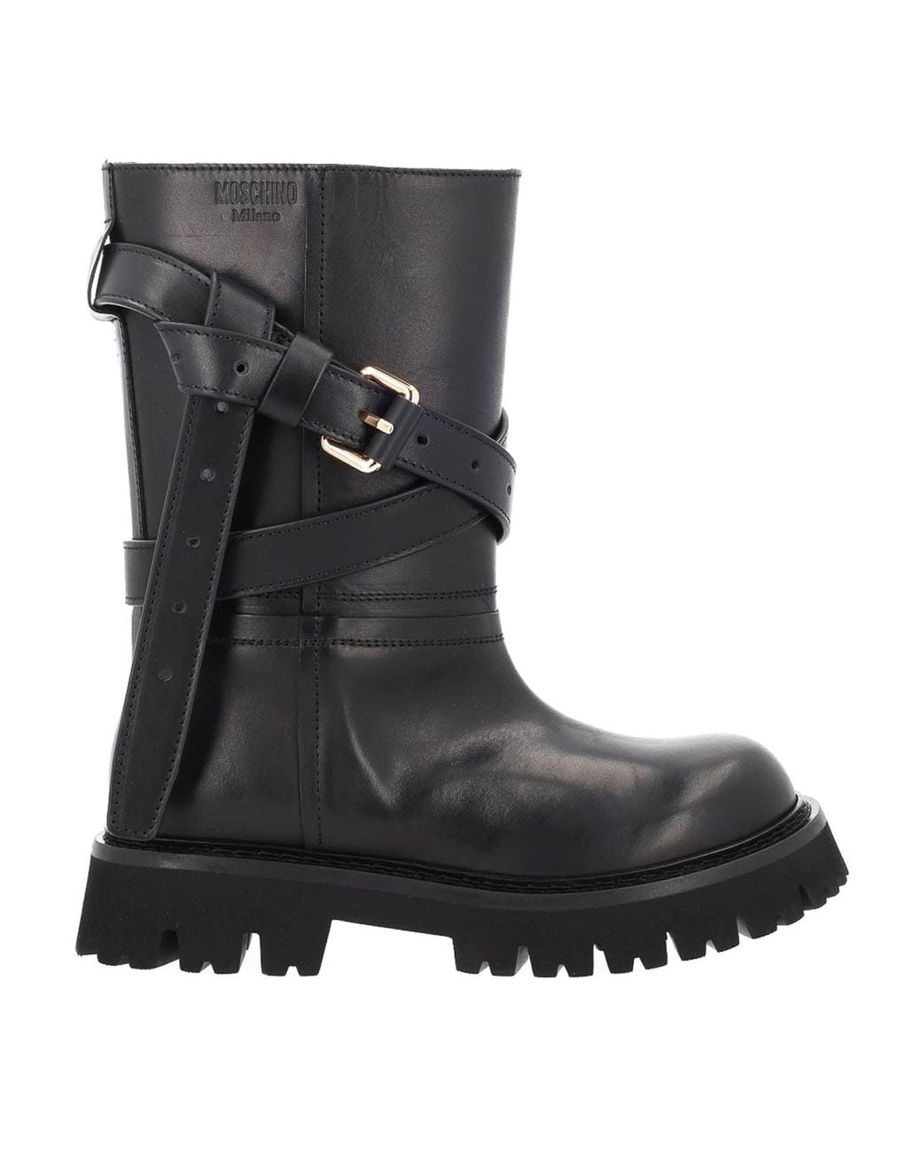 Moschino Black Buckle-Strap Leather Boots