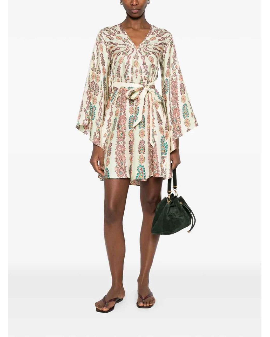 Etro Natural Cream Silk Mini Dress With All-Over Placed Floral Paisley Print With Belt