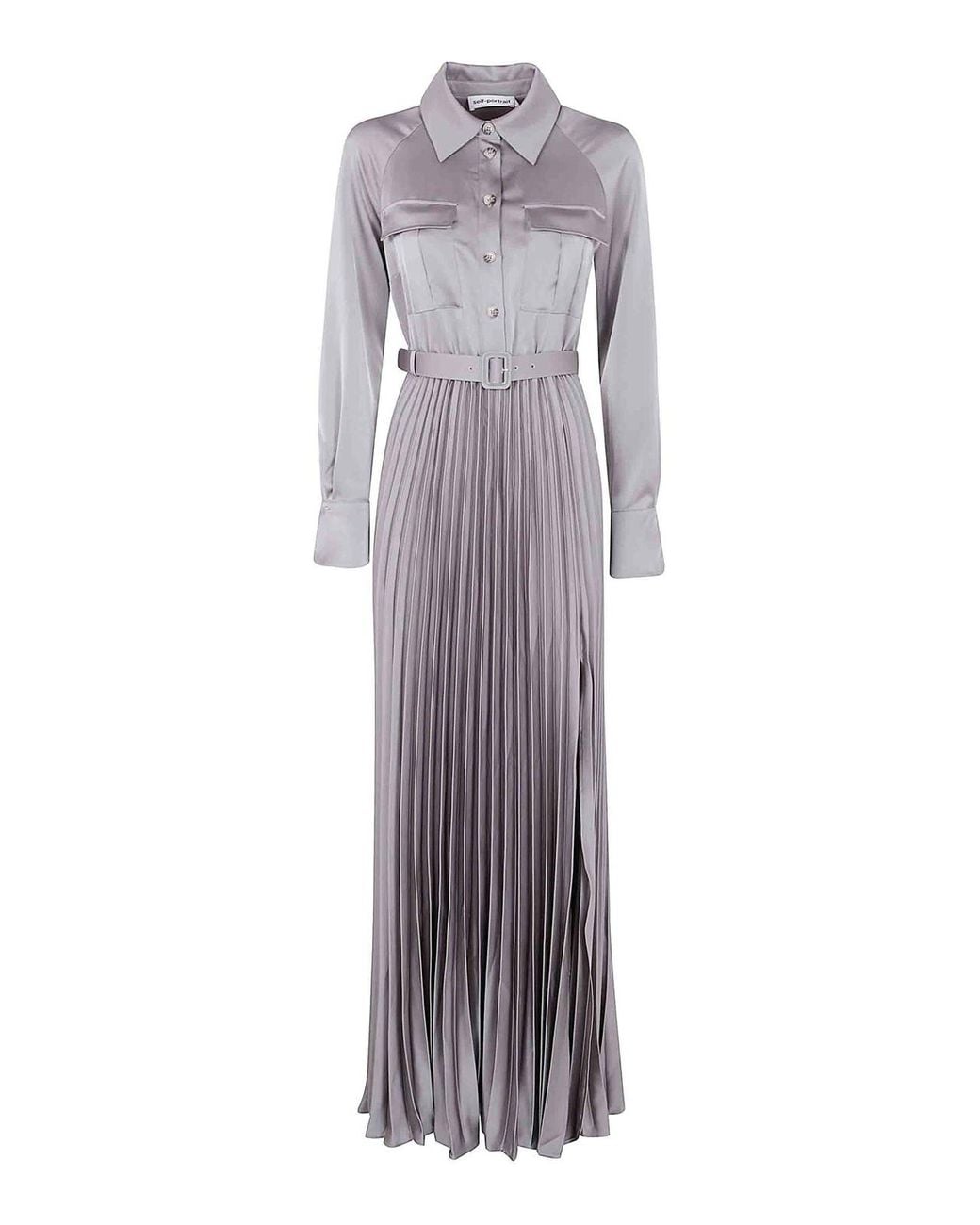 Self-Portrait Gray Satin Pleated Maxi Dress