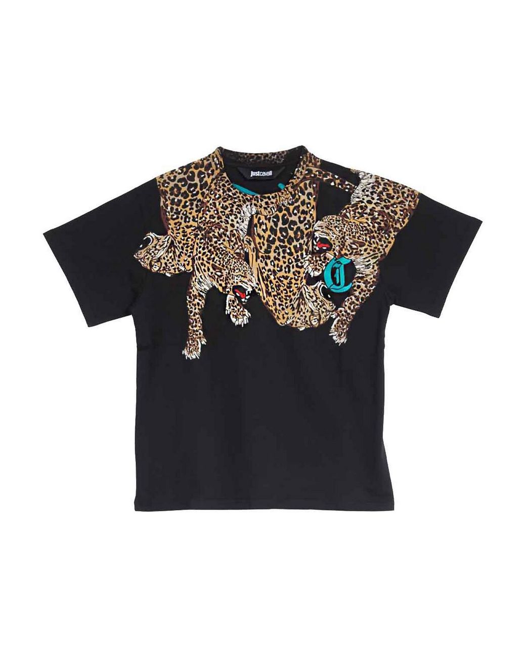 Just Cavalli Black Leopard Neck T-Shirt for men