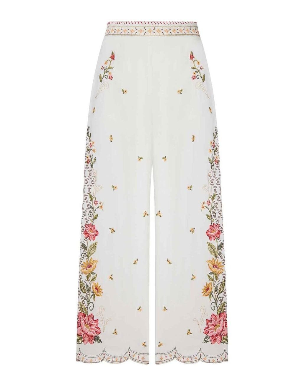 Farm Rio White Palazzo Trousers With Floral Embroidery