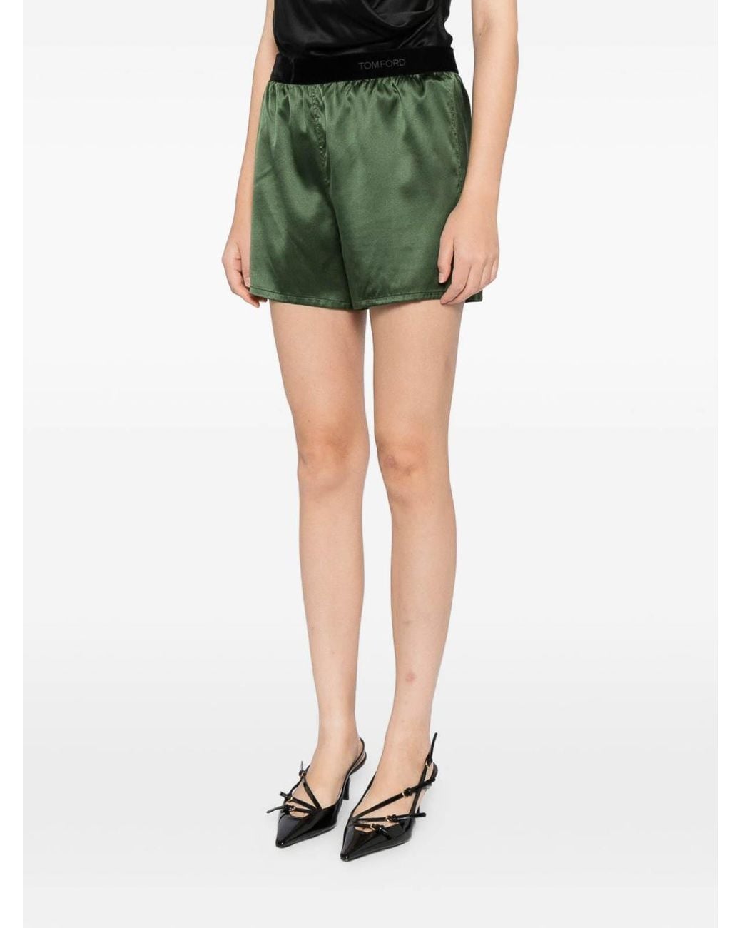 Tom Ford Green Stretch Silk Satin Pj Shorts