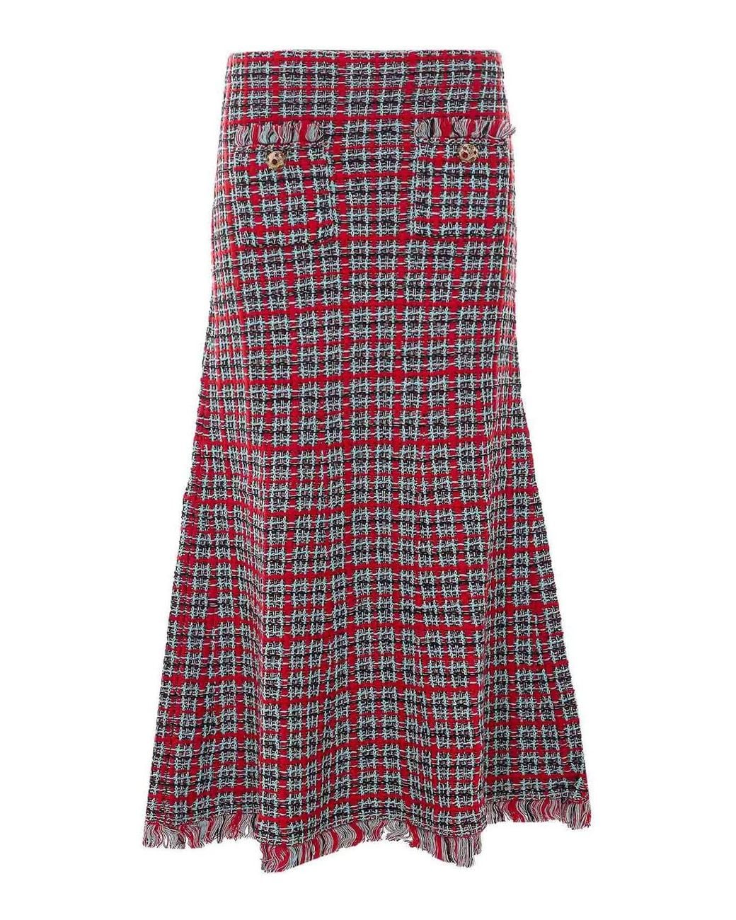 Self-Portrait Purple Check Frayed Knit Midi Skirt