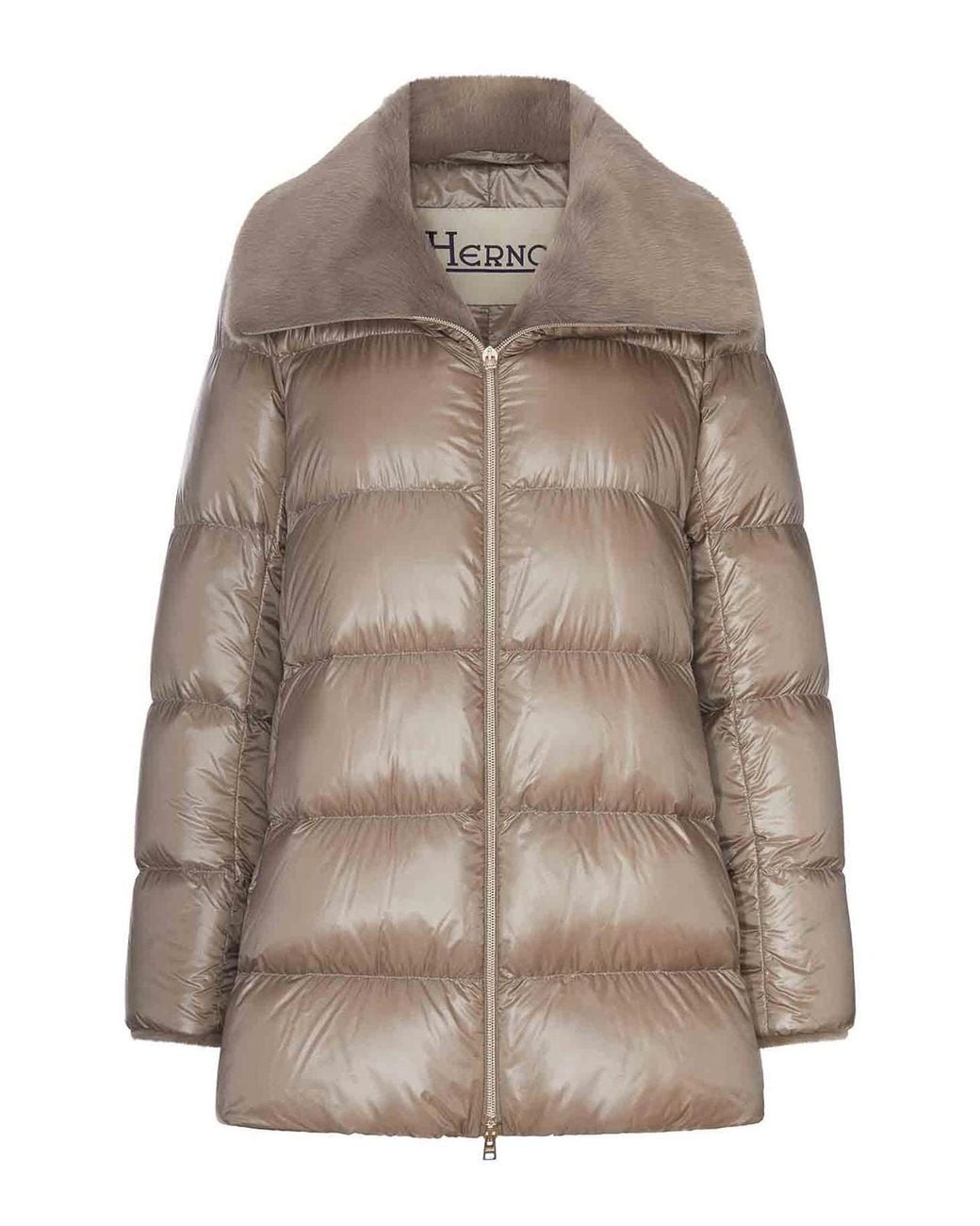 Herno Brown Long Puffer Coat With Faux Fur Collar