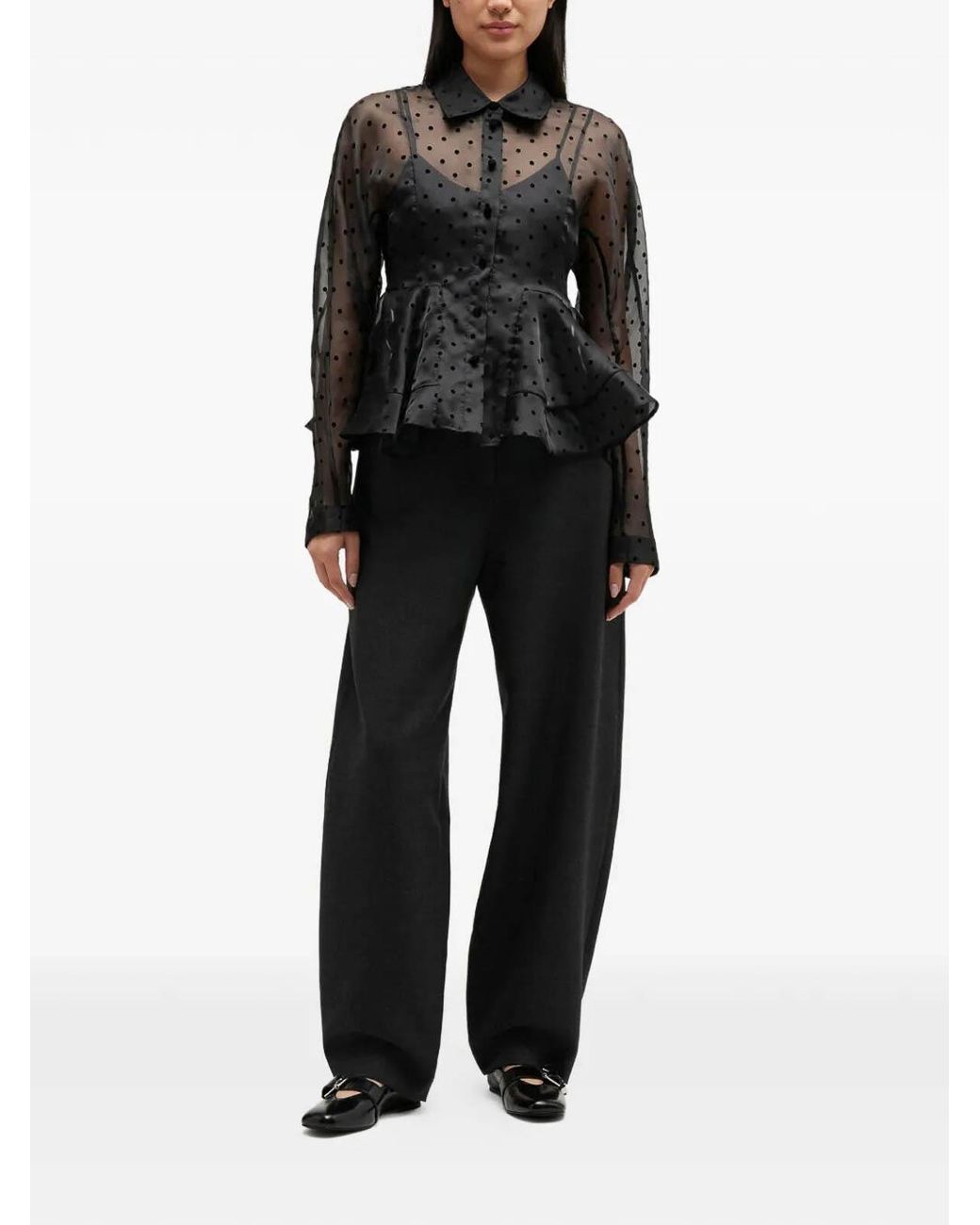 Ganni Black Flocked Organza Peplum Shirt