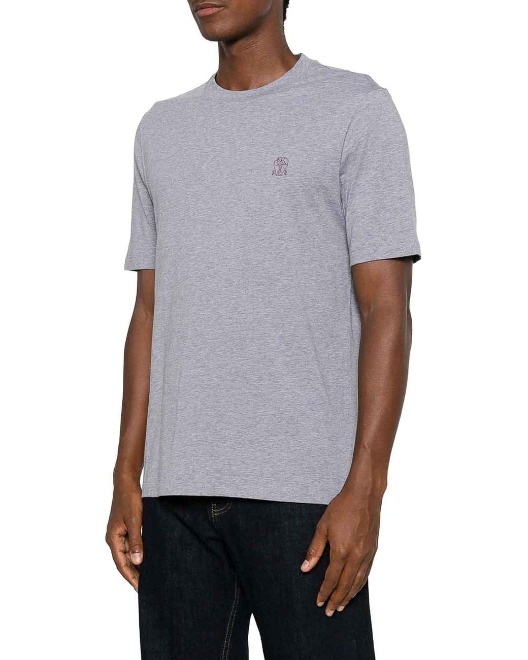 Brunello Cucinelli Gray Cotton T-Shirt With Contrasting Logo Print for men