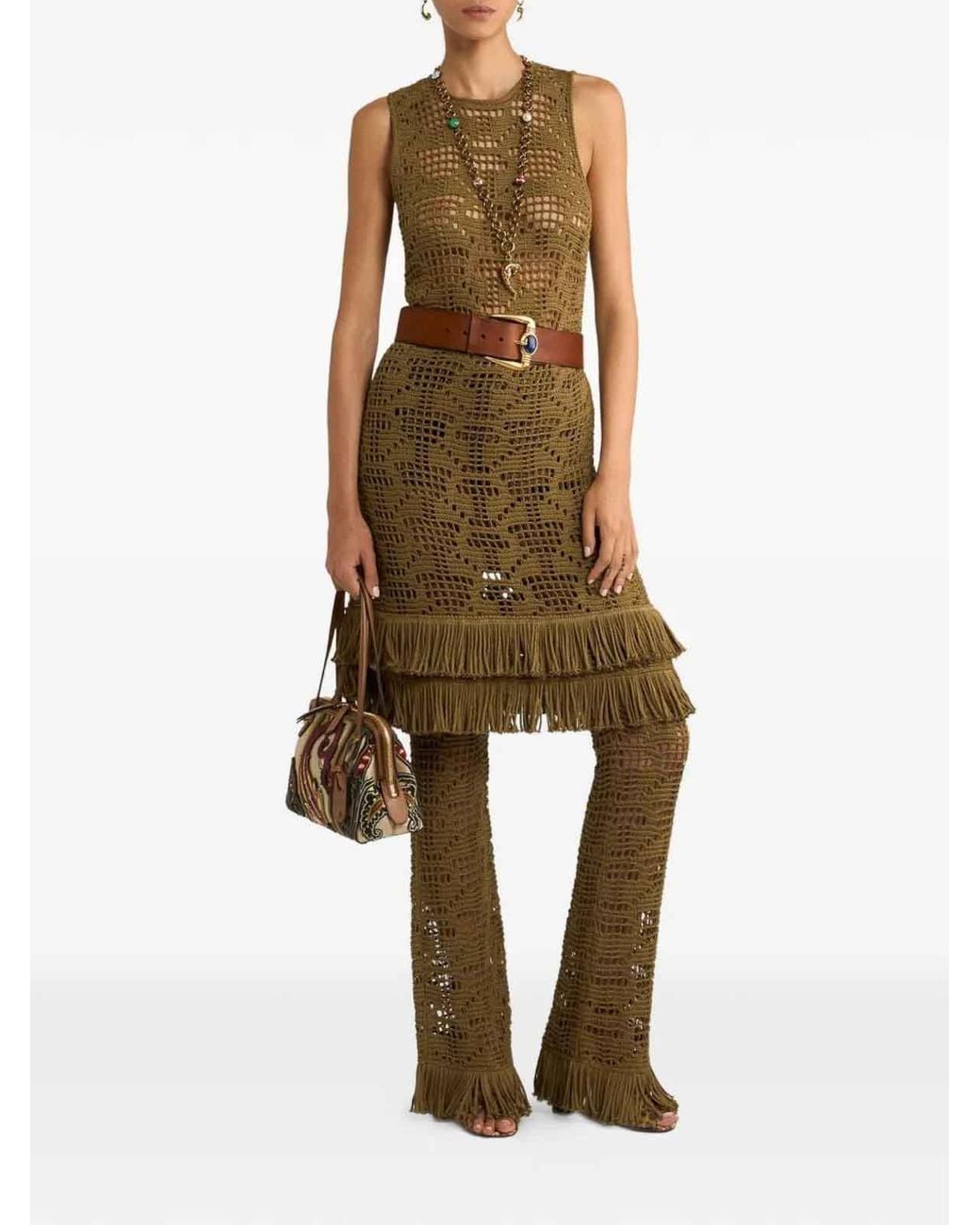 Etro Green Crochet-Effect Cotton Midi Dress