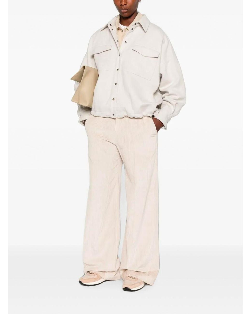 Brunello Cucinelli White Corduroy Loose Pants With Monili