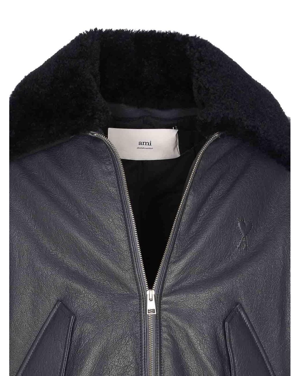 AMI Black Zip-Up Leather Bomber Jacket for men