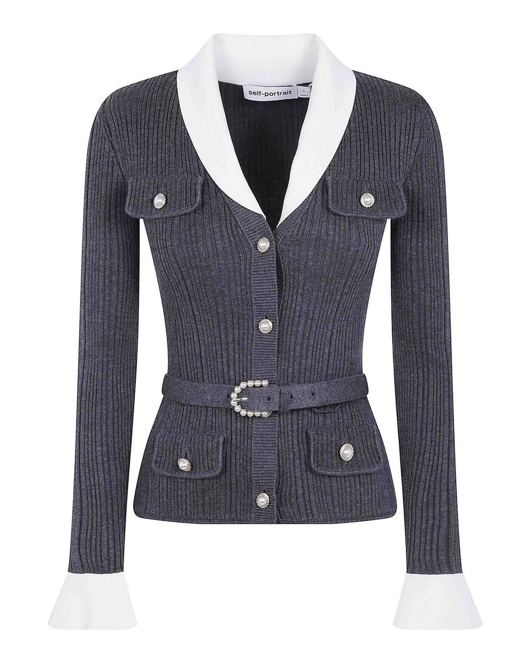 Self-Portrait Blue Ribbed Nit Cardigan