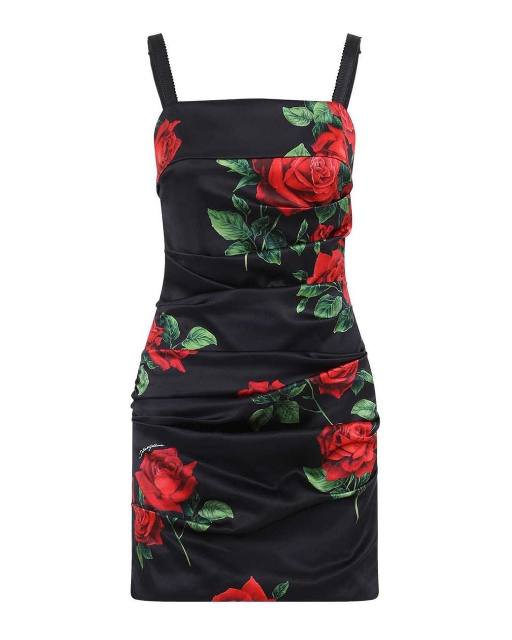 Dolce & Gabbana Red Rose Print Ruched Satin Mini Dress