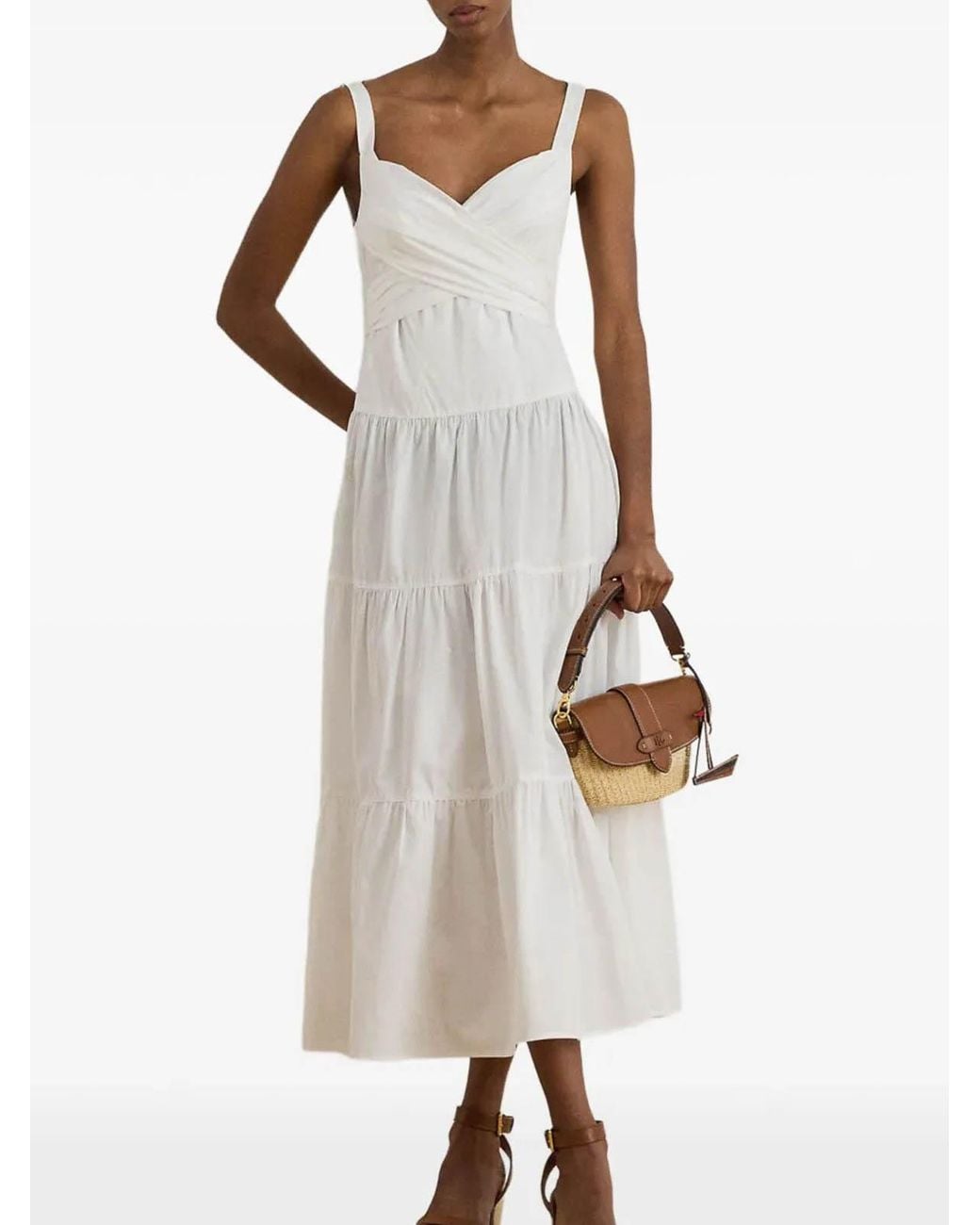 Ralph Lauren White Sleeveless Cotton Flounced Dress