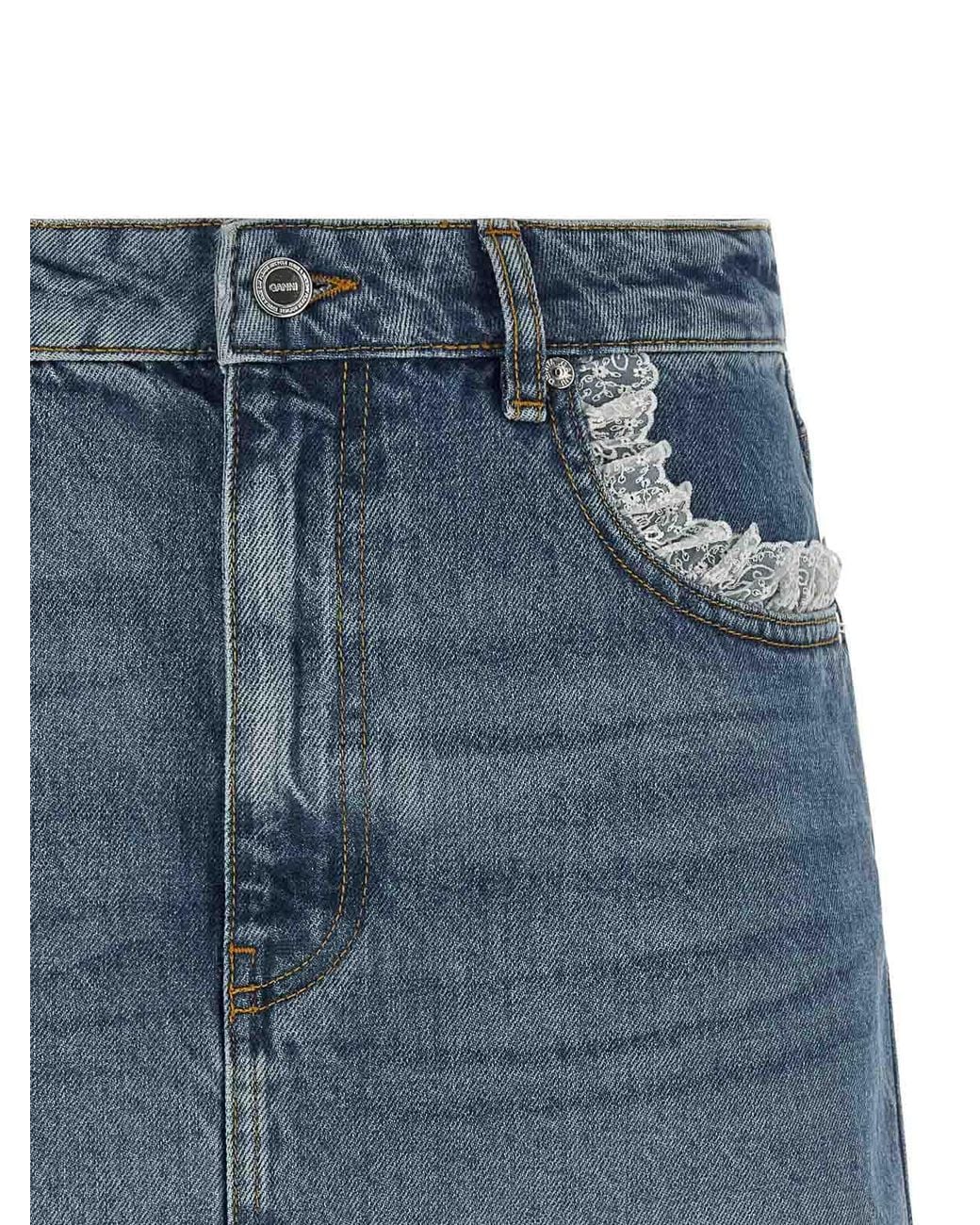 Ganni Blue Denim And Lace Skirt