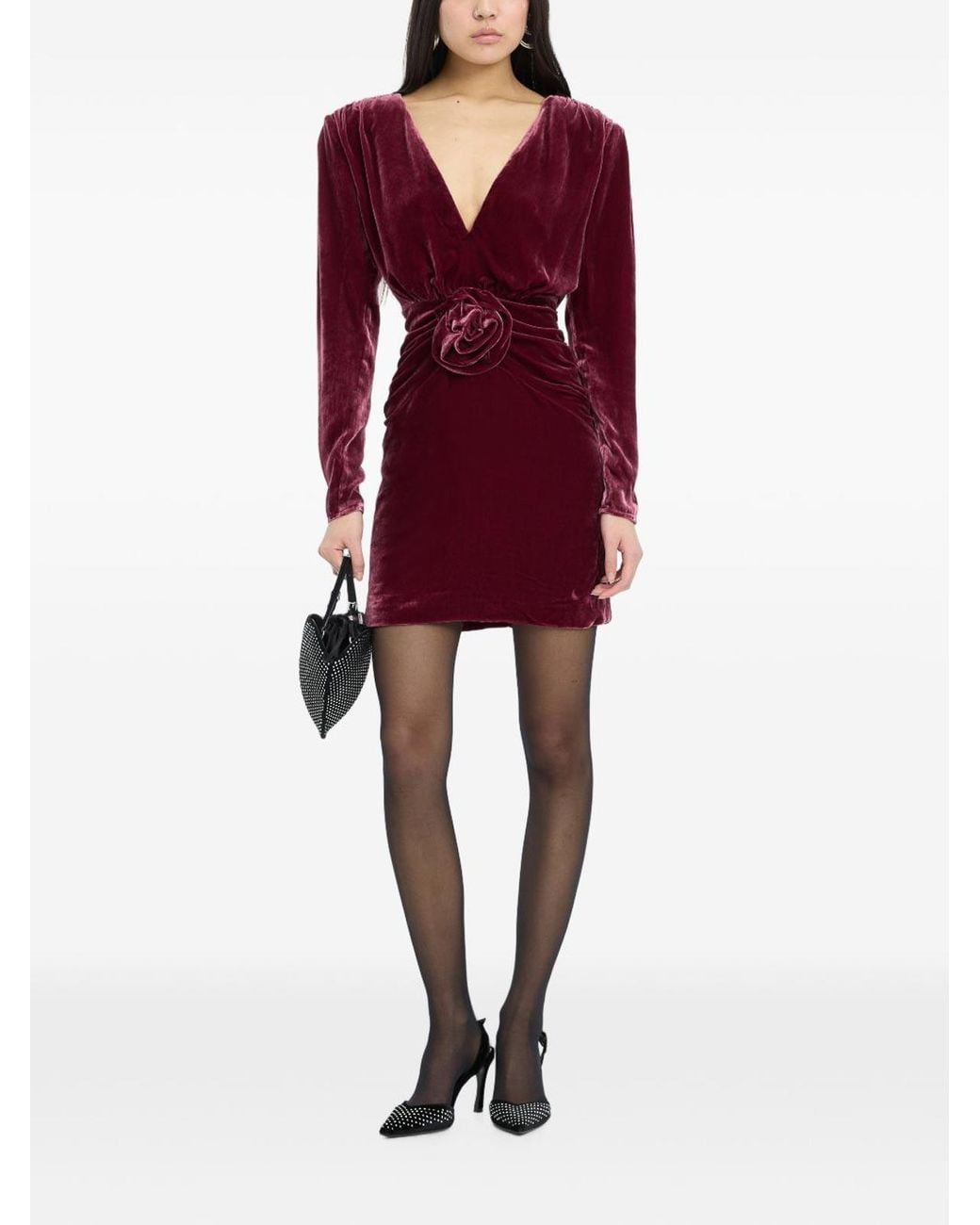 ROTATE BIRGER CHRISTENSEN Red Elegant Velvet V-Neck Dress