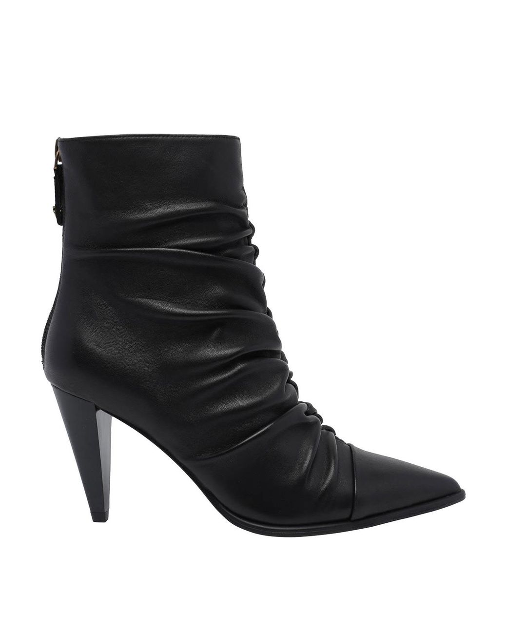 Pinko Black Vane Draped Leather Ankle Boots With High Flared Heel And Almond Toe