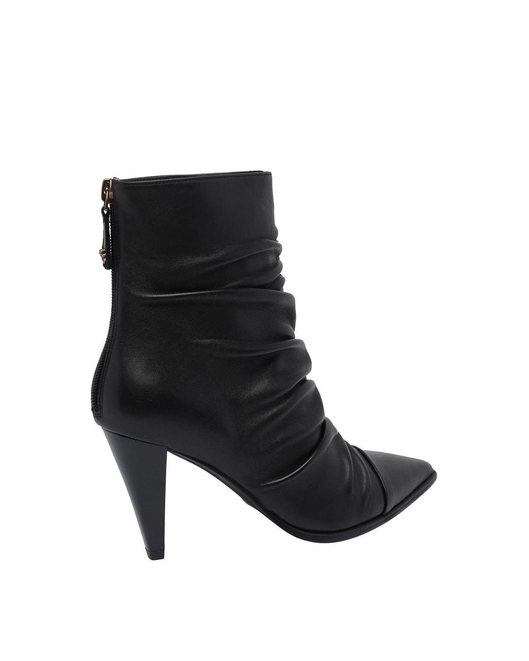 Pinko Black Vane Draped Leather Ankle Boots With High Flared Heel And Almond Toe