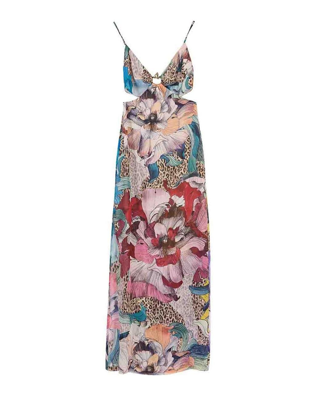 Just Cavalli White Long Element Dress Chiffon Print Flowers