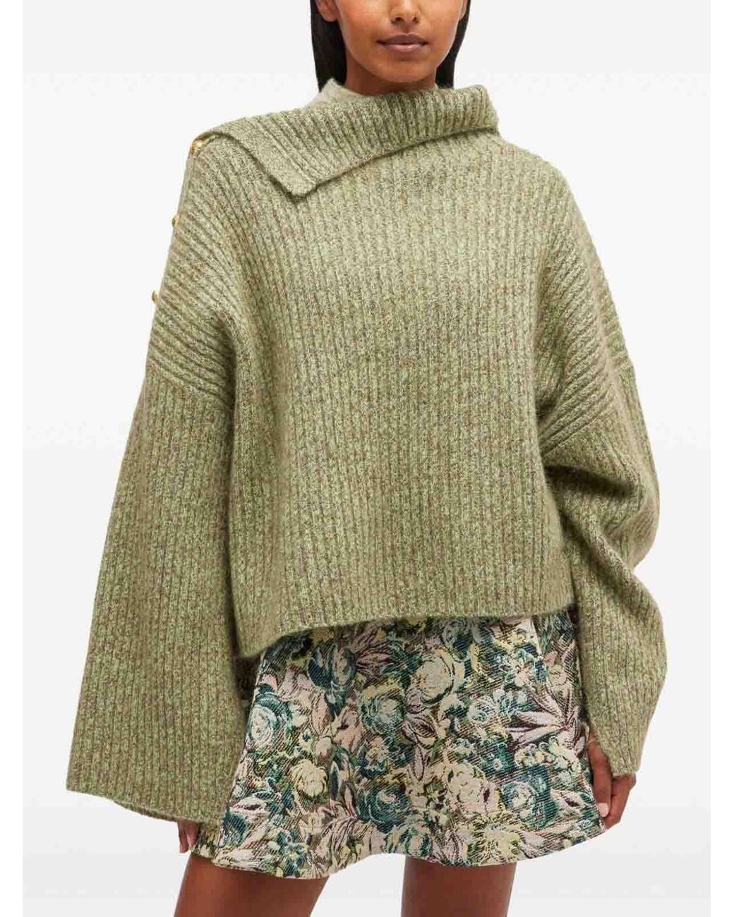Ganni Green Wool Asymmetric Neck Sweater