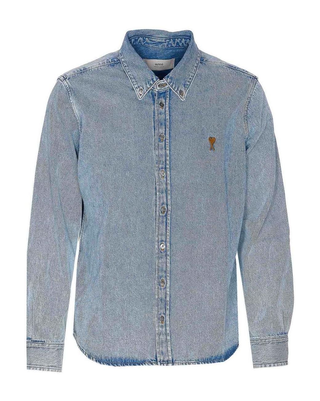 AMI Blue Denim Adc Denim Shirt Frontal Buttons Closure for men