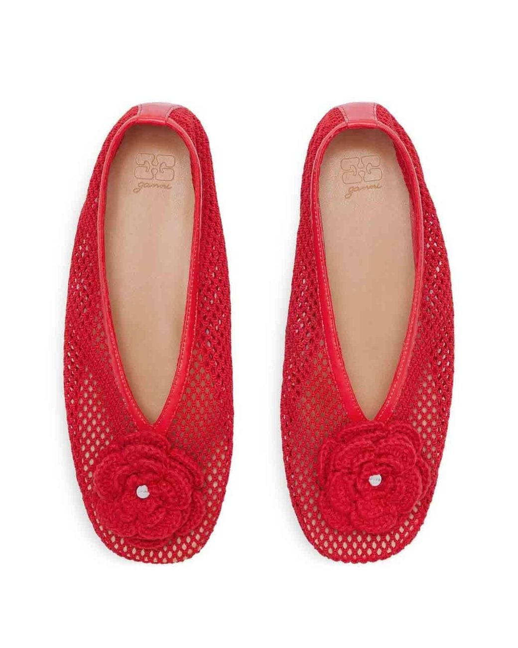 Ganni Red Mesh Ballet Flats With Flower Detail
