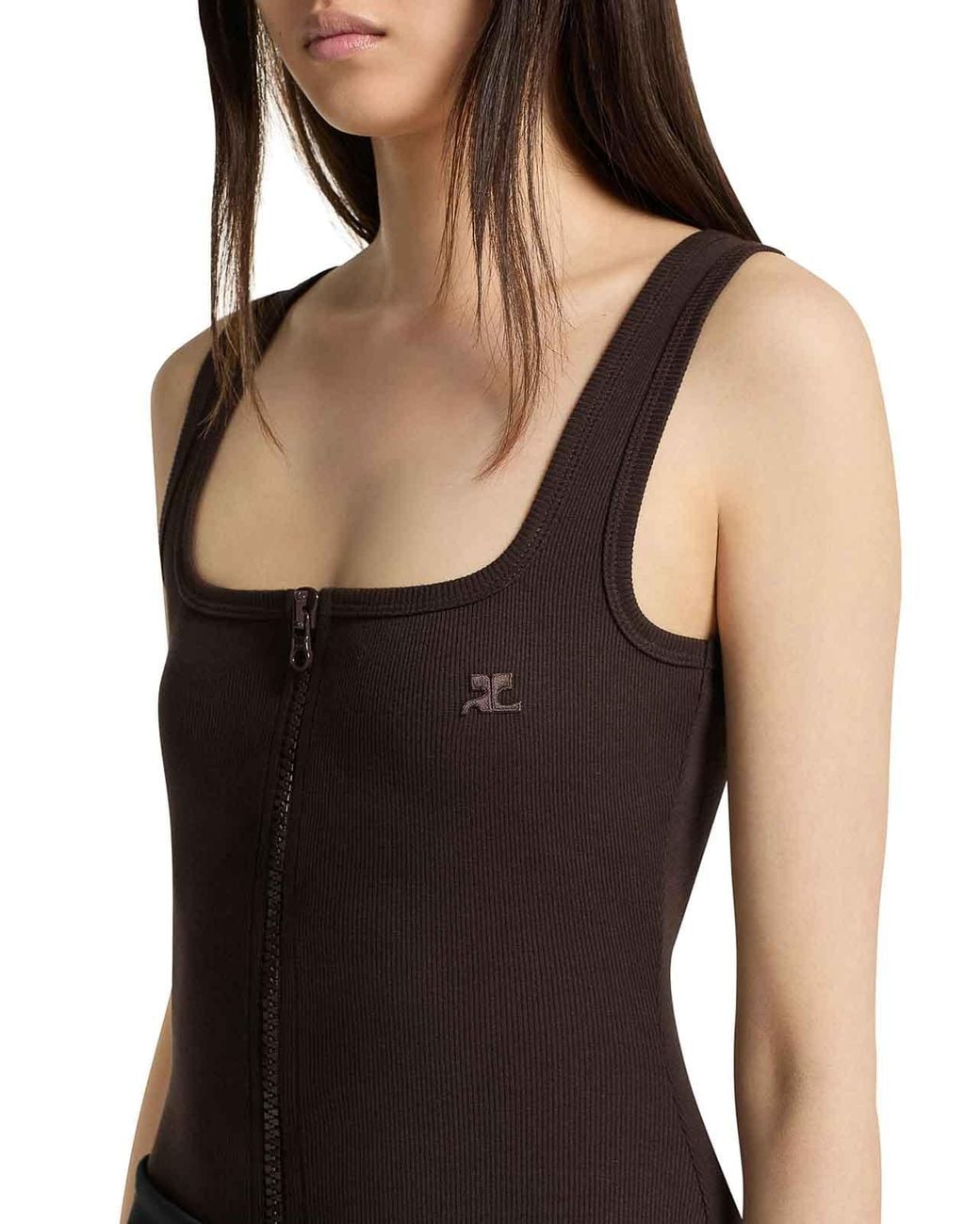 Courreges Brown 90S-Style Ribbed Tank Top With Zip