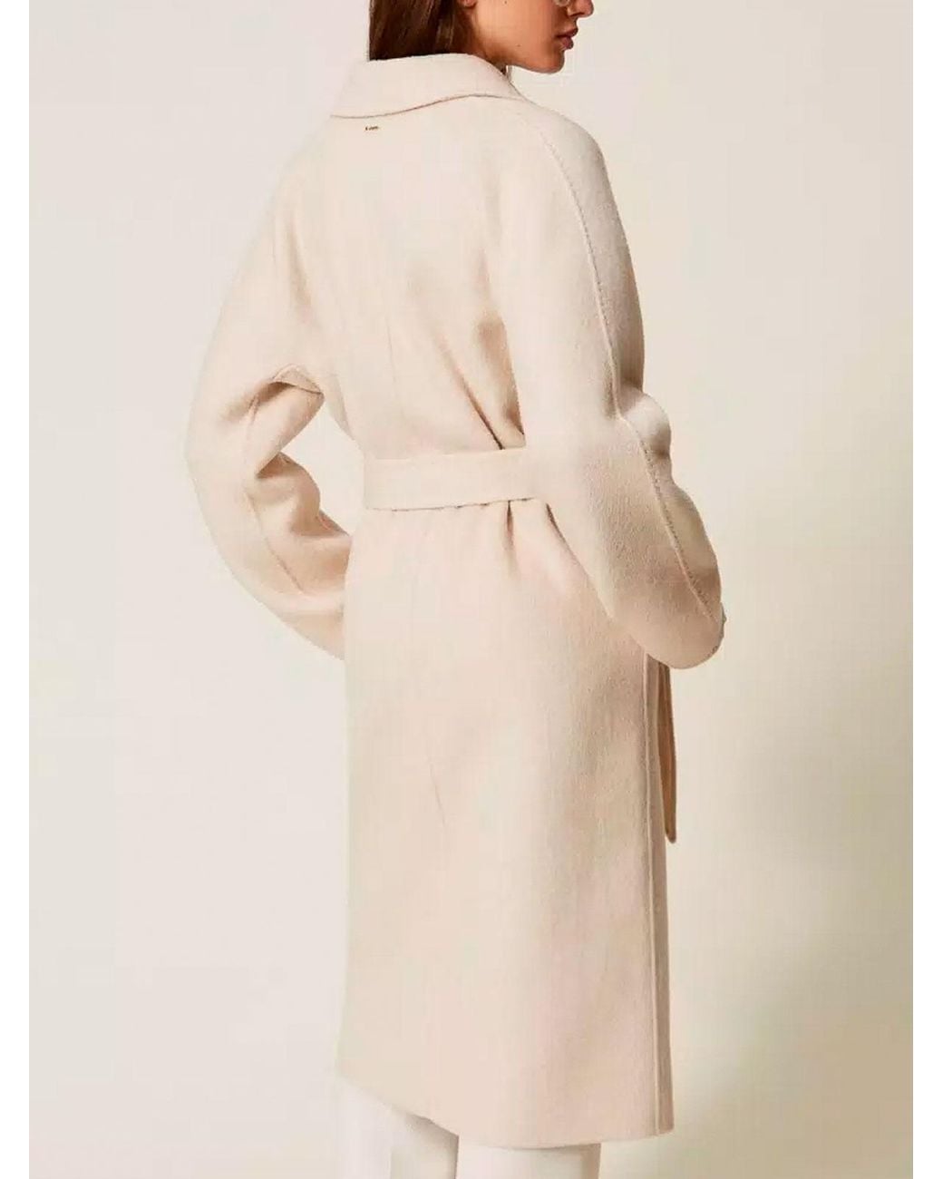 Twinset Natural Double-Breasted Wool Coat With Belt
