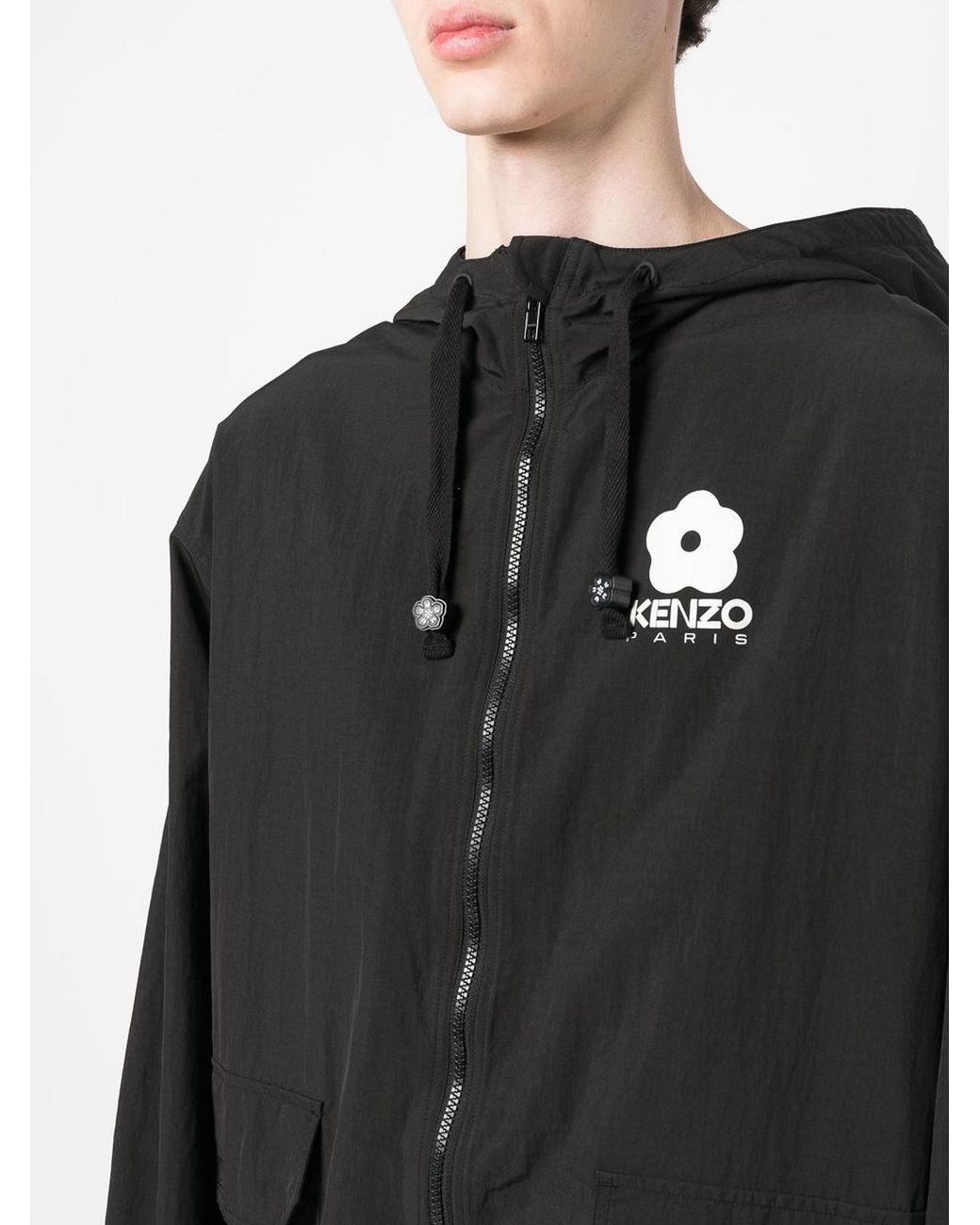 KENZO Black Zip-Up Hooded Jacket With Logo for men