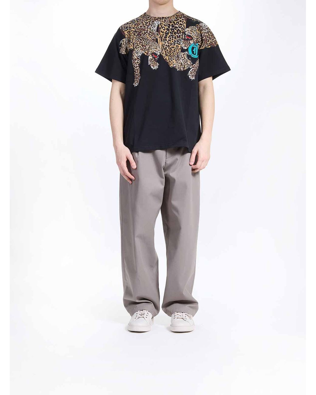 Just Cavalli Black Leopard Neck T-Shirt for men