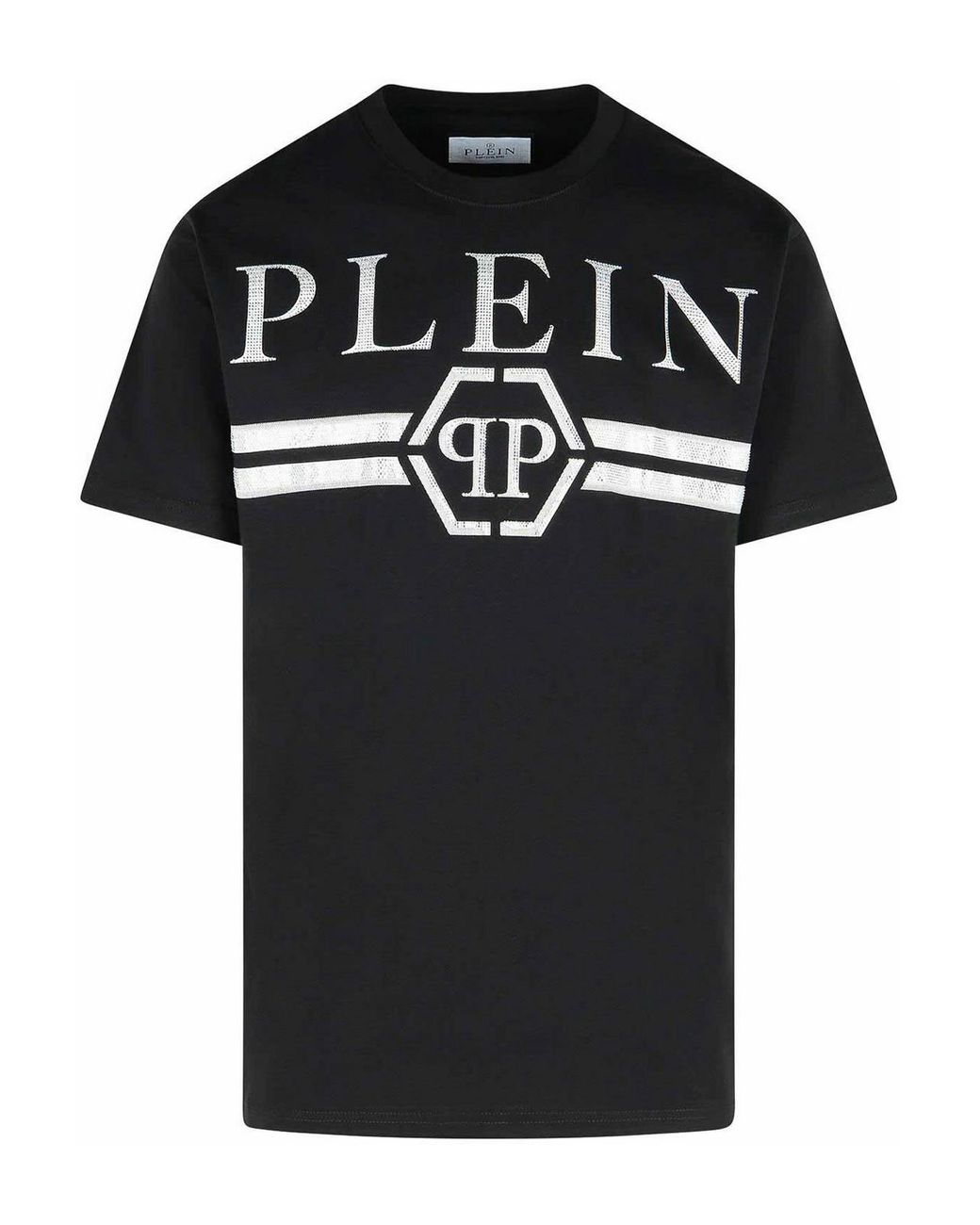 Philipp Plein Black Round Neck T-Shirt Full Of Stones Stripes for men