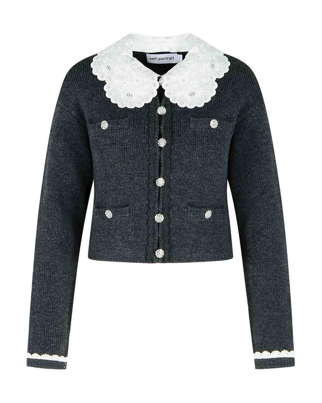 Self-Portrait Blue Dark Wool Blend Crop Cardigan