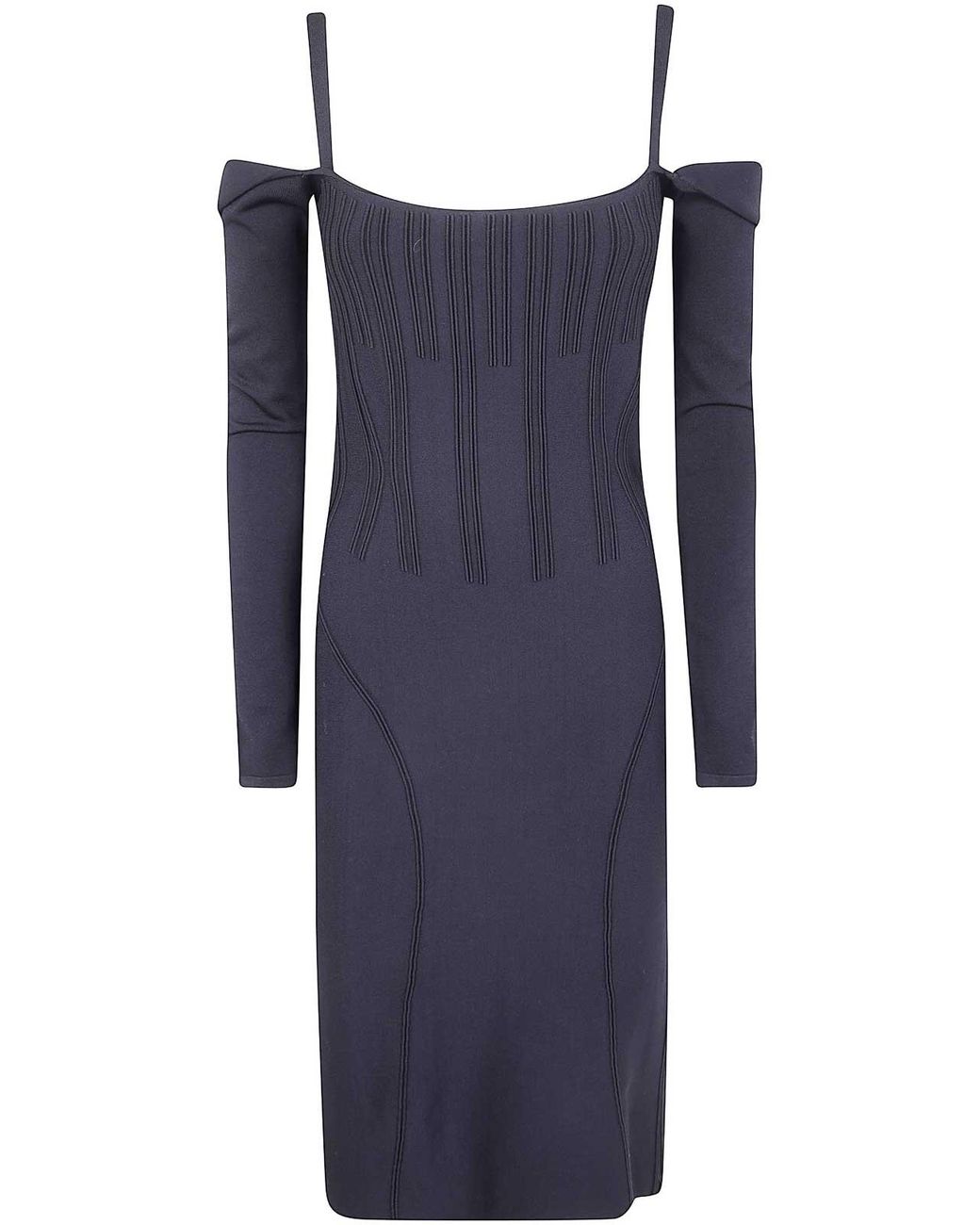 Mugler Black Ribbed Off-Shoulder Mini Dress