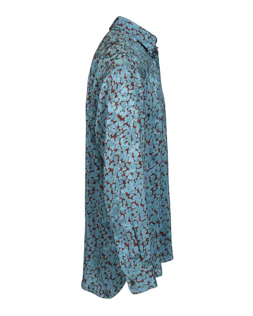 Dries Van Noten Blue Shiny Satin Shirt for men