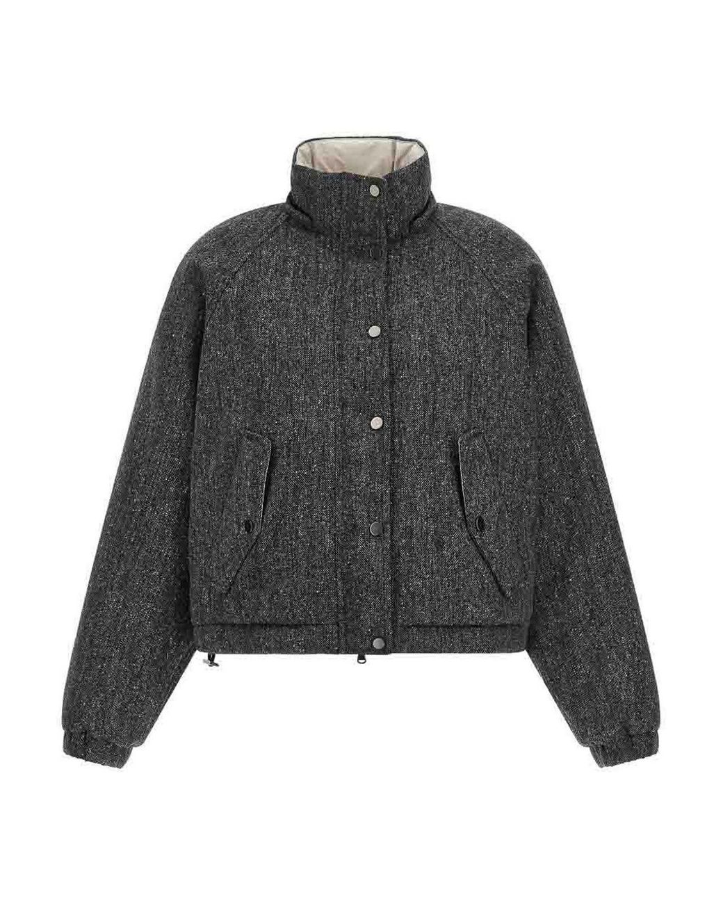 Brunello Cucinelli Gray Hooded Tweed Padded Jacket