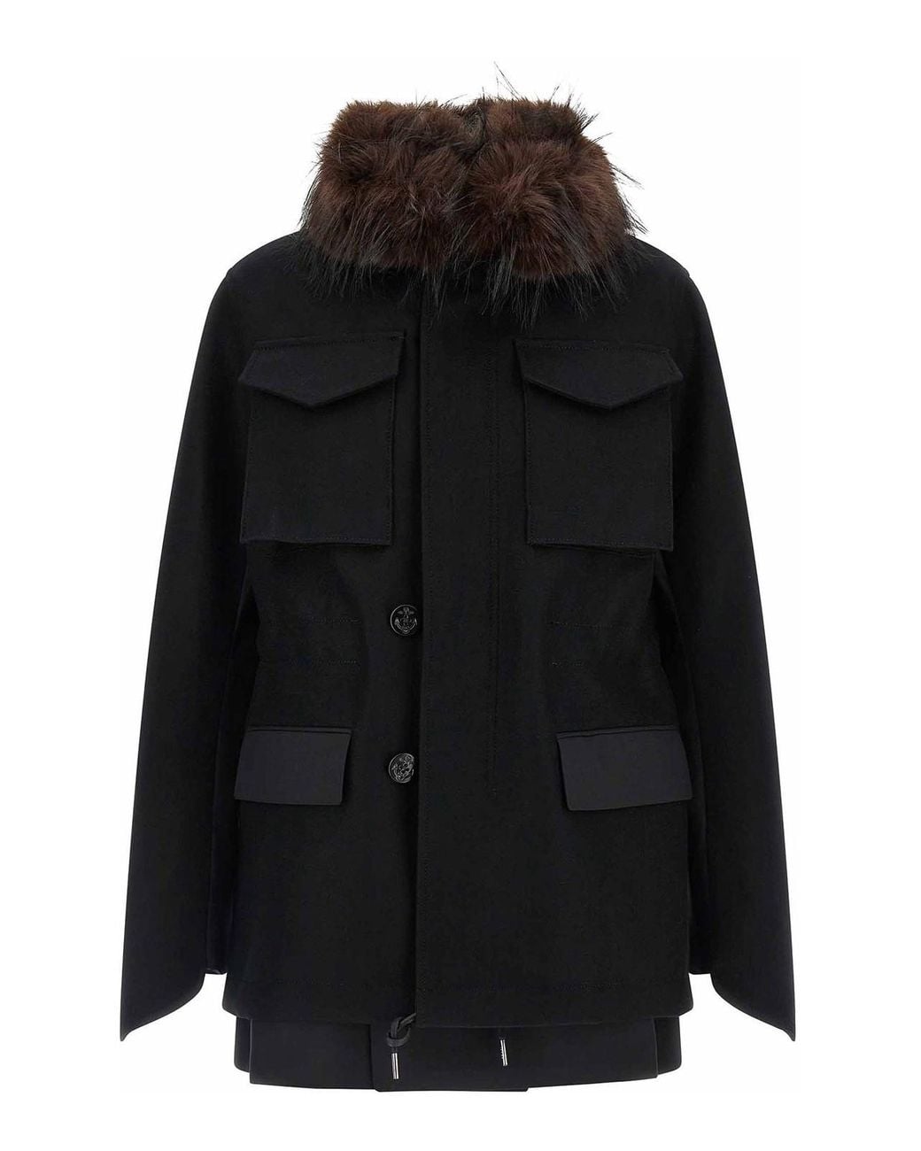 Sacai Black Wool Coat With Fur Insert