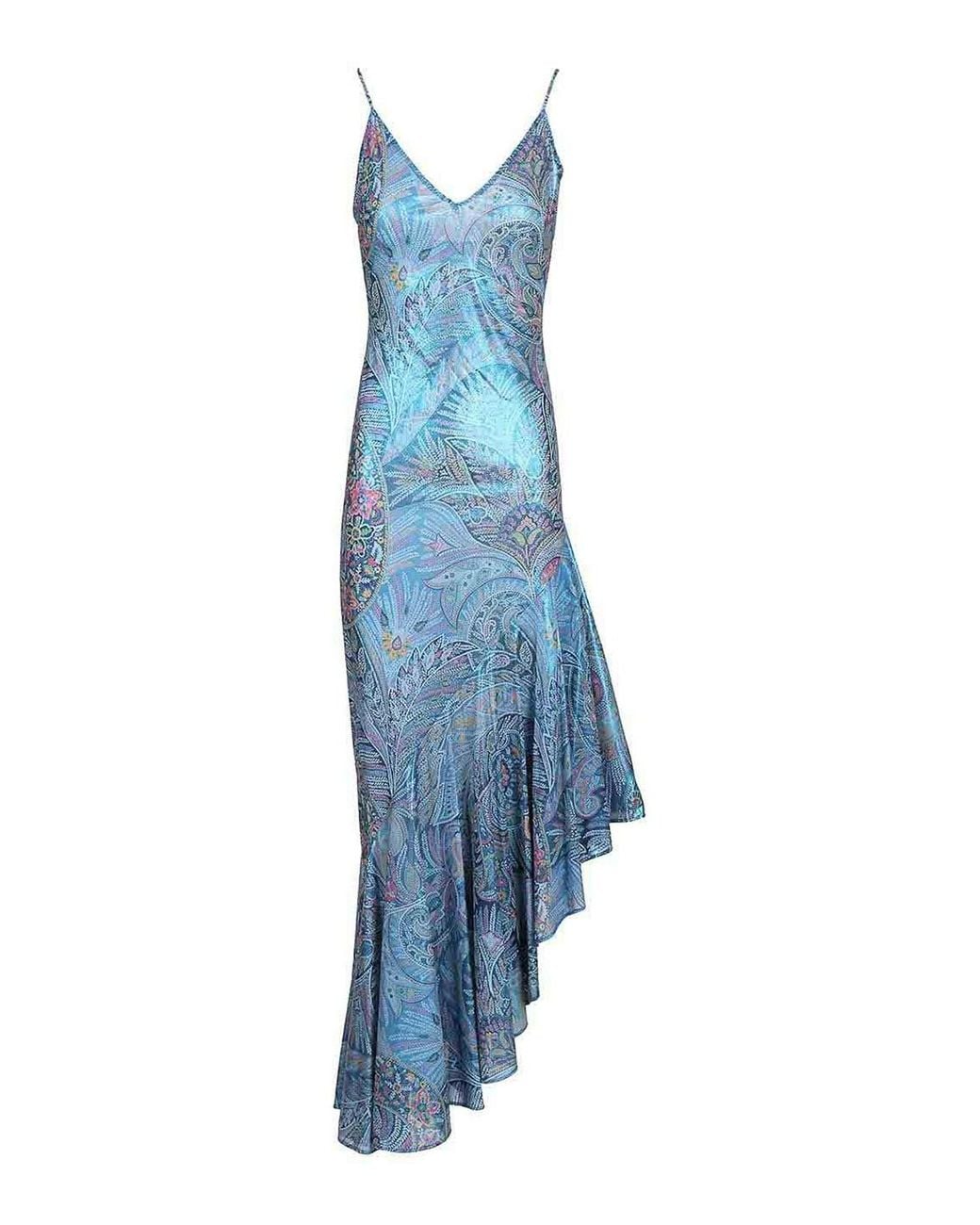 Etro Blue Asymmetrical Dress With Ruffles