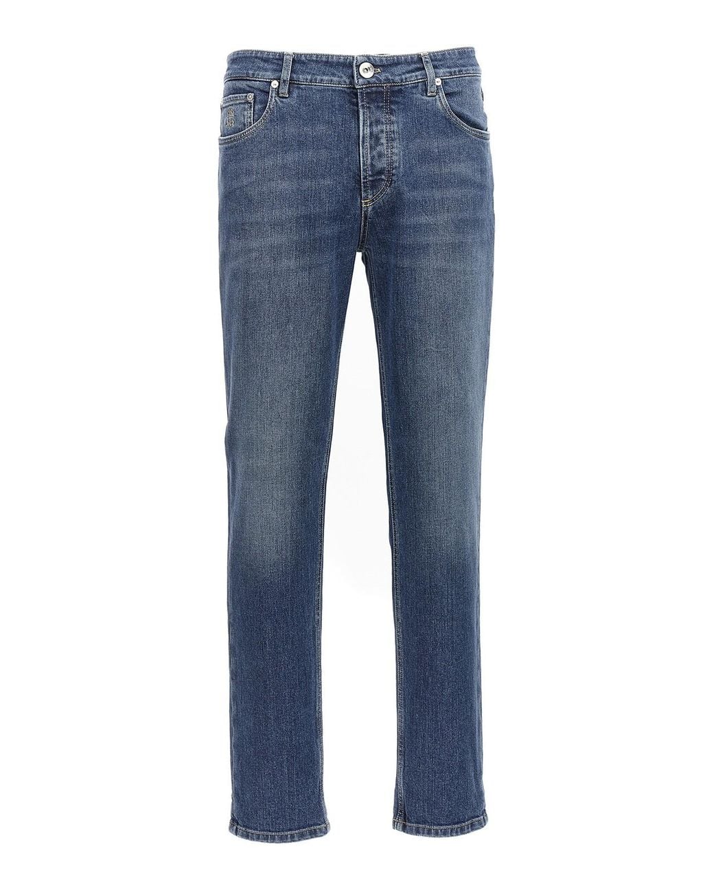 Brunello Cucinelli Blue Logo Embroidery Stretch Jeans for men