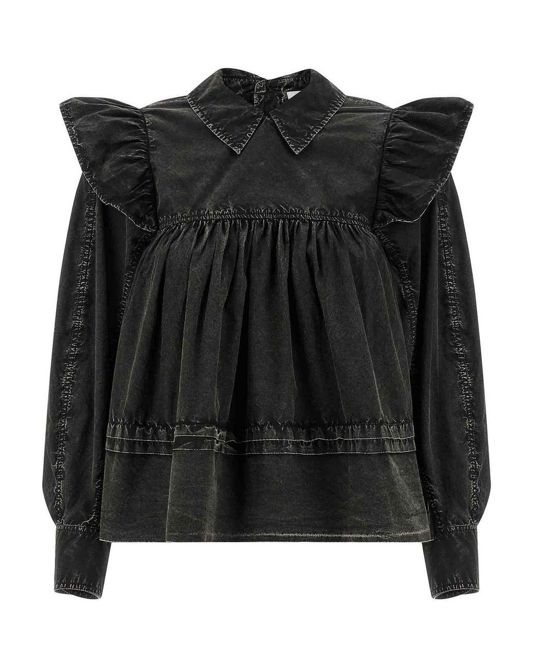 Ganni Black Washed Frill Blouse