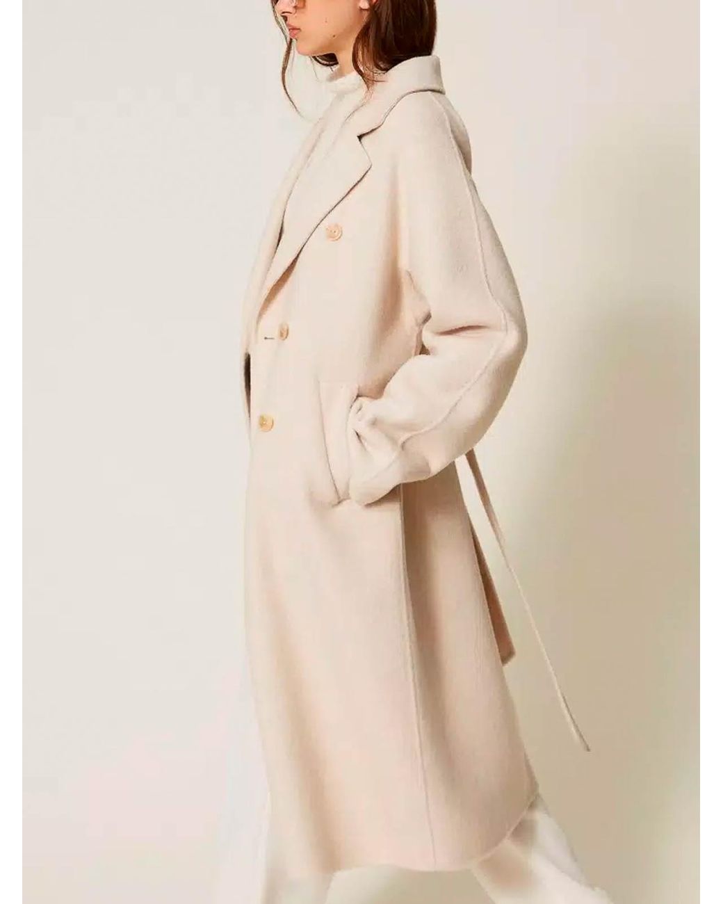 Twinset Natural Double-Breasted Wool Coat With Belt